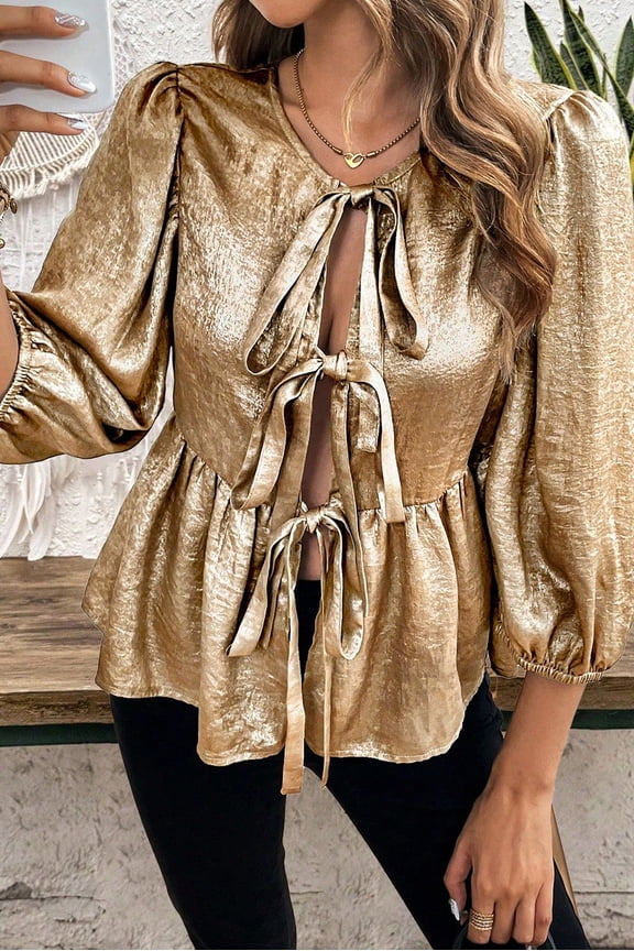 Gold Bow Tie Front Puff 3/4 Sleeve Ruffle Hem Blouse (Gold, XL, 100%Polyester)