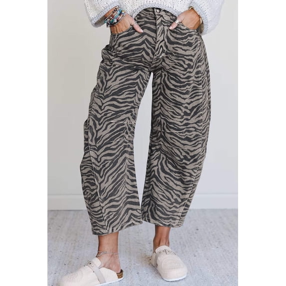 I AM A FASHION JUNKY Gray Zebra Stripe Printed Wide Leg Jeans