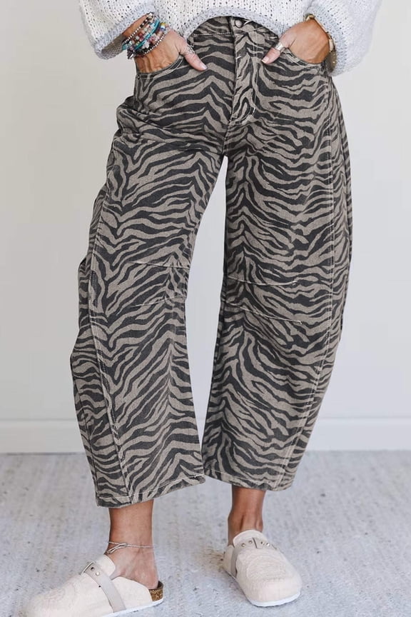 Gray Zebra Stripe Printed Wide Leg Jeans
