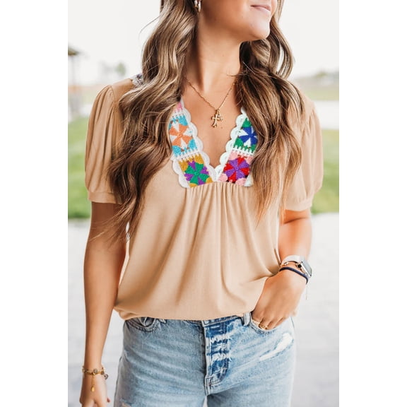 I AM A FASHION JUNKY Pale Chestnut Crochet Floral V Neck Textured Short Sleeve Blouse (PaleChestnut, S, 93%Viscose+7%Elastane)