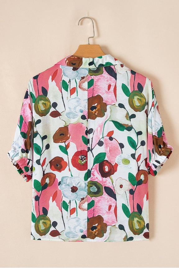 Pink Floral Print Slit V Neck Short Sleeve Blouse (Pink, L, 81%Viscose+19%Polyamide)