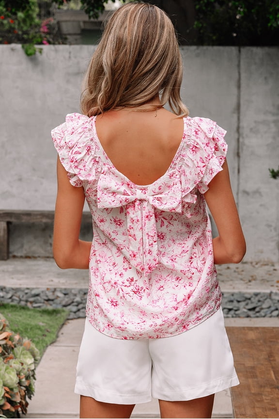 Pink Floral Ruffled Short Sleeve Bow Back Square Neck Blouse (Pink, S, 80%Viscose+20%Polyamide)