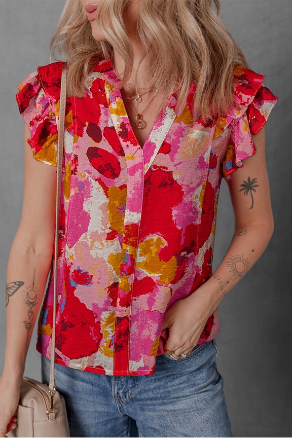 Red Abstract Print Split V Neck Ruffle Short Sleeve Blouse (Red, M, 85%Viscose+15%Polyamide)
