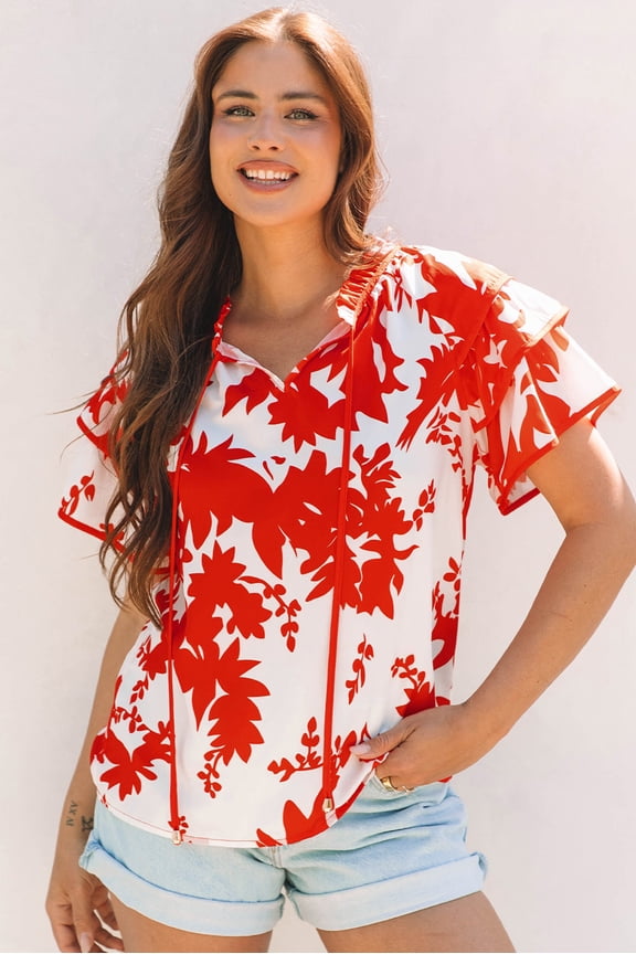 Red Plant Print Tiered Ruffled Sleeve V Neck Blouse (Red, M, 100%Polyester)