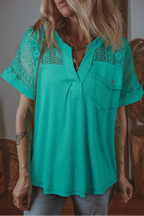 Sea Green Lace Patchwork Split Neck Textured Short Sleeve Blouse (SeaGreen, XL, 100%Polyester)