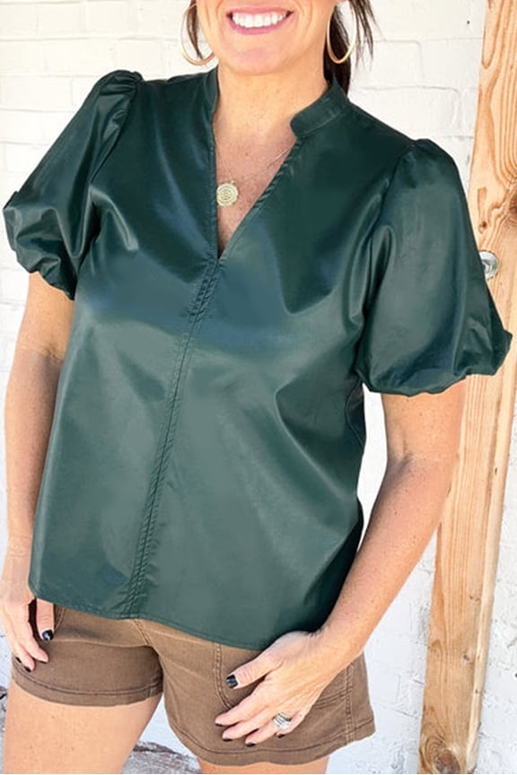 Sea Green Notched V Neck Short Puff Sleeve PU Leather Blouse (SeaGreen, L, 100%PU)