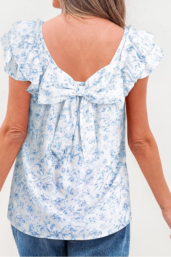 Sky Blue Floral Ruffled Short Sleeve Bow Back Square Neck Blouse (SkyBlue, L, 80%Viscose+20%Polyamide)