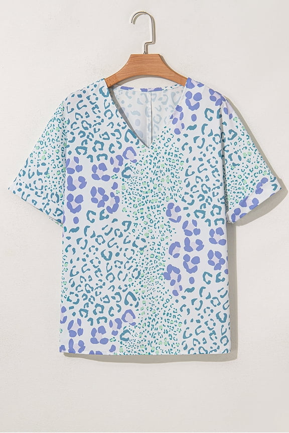 Sky Blue Mixed Leopard Print V Neck Short Sleeve Blouse (SkyBlue, M, 100%Polyester)