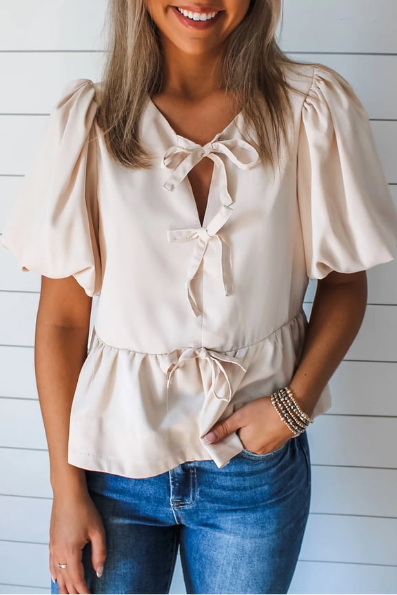 White Bow Tie Short Puff Sleeve Ruffle Hem Blouse (White, L, 100%Polyester)