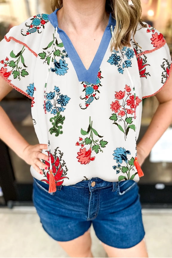 White Floral Print Contrast V Neck Tassel Tie Lace Detail Short Sleeve Blouse (White, XL, 80%Viscose+20%Polyamide)