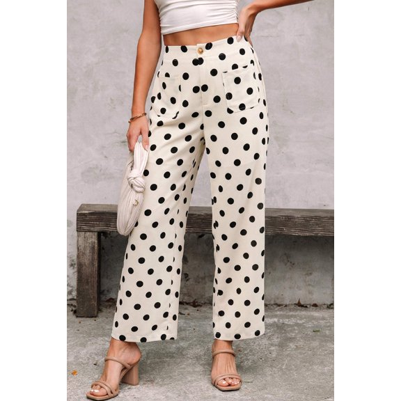 I AM A FASHION JUNKY White Polka Dot Print Patched Pocket Loose Pants