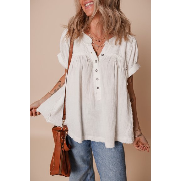 I AM A FASHION JUNKY White Textured Short Sleeve Buttons Frayed Blouse (White, L, 100%Cotton)