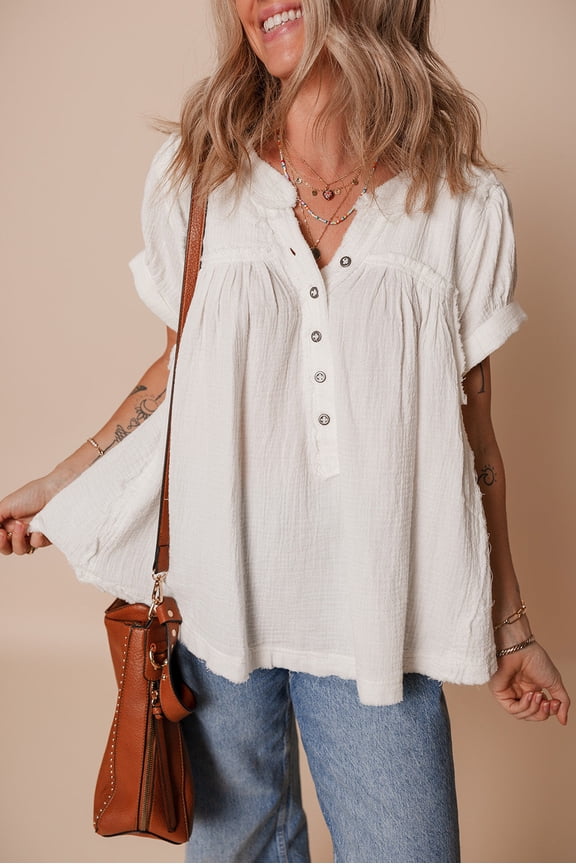 White Textured Short Sleeve Buttons Frayed Blouse (White, S, 100%Cotton)