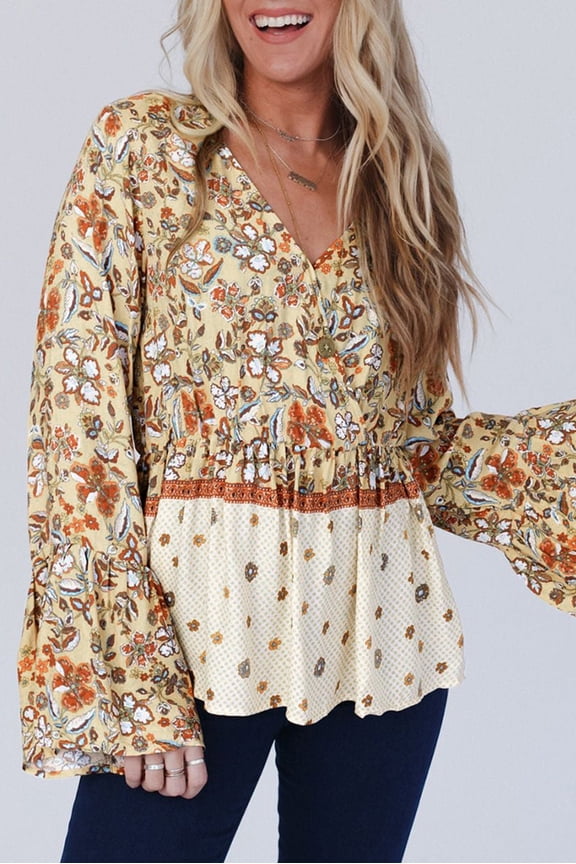Yellow Printed Floral Bell Sleeve V Neck Wrapped Contrast Peplum Blouse (YellowPrinted, XL, 100%Polyester)