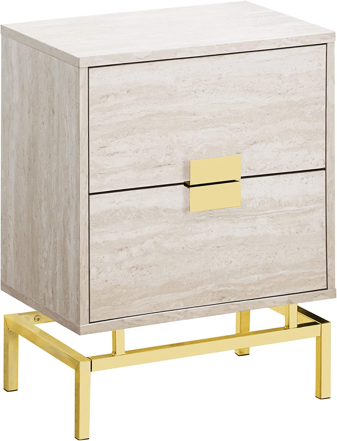Beige Marble Look 2-Drawer Gold Metal Accent Table