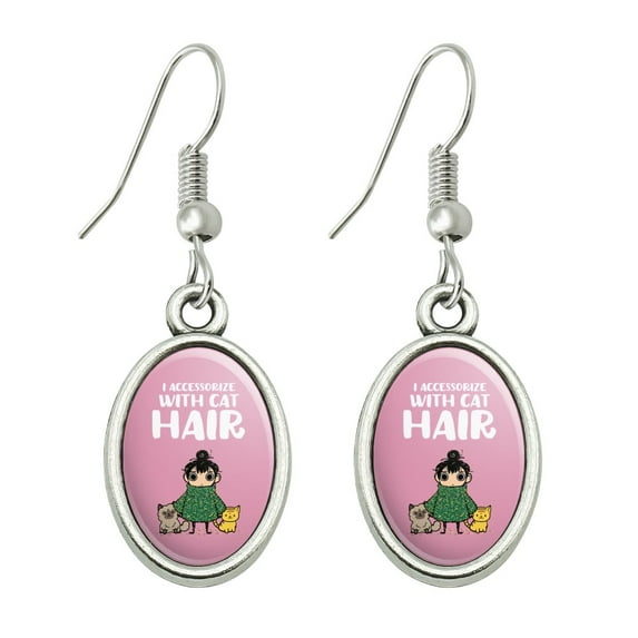 I Accessorize with Cat Hair Fur Novelty Dangling Drop Oval Charm Earrings