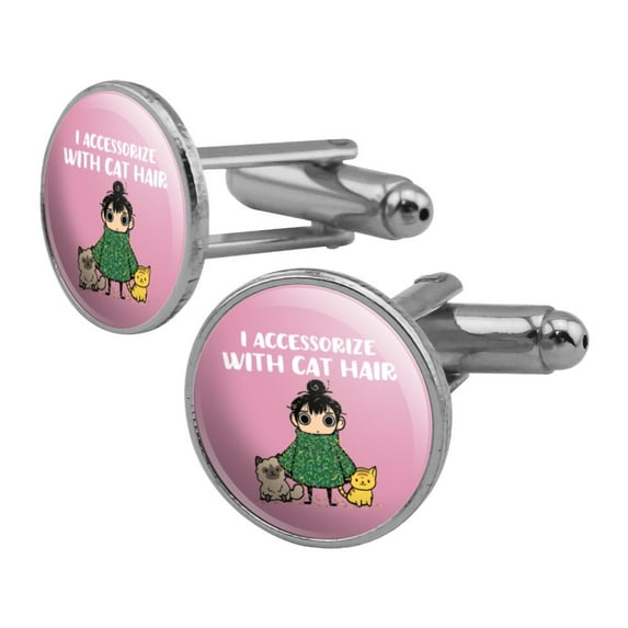 I Accessorize with Cat Hair Fur Round Cufflink Set Silver Color