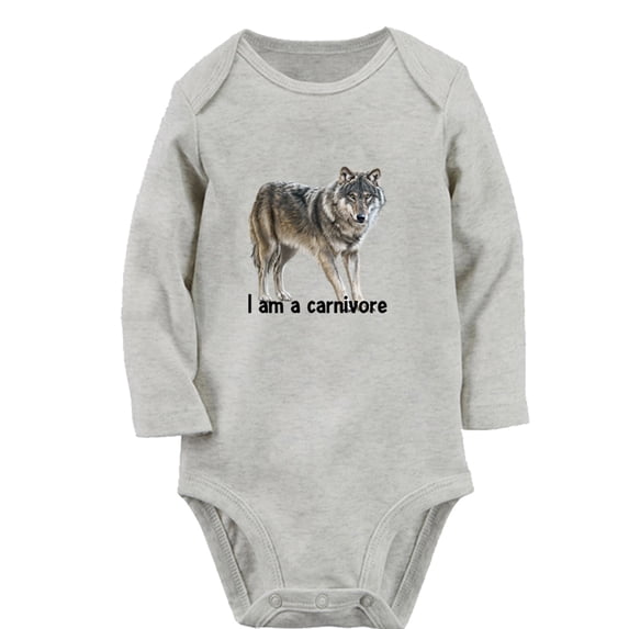 I Am A Carnivore Funny Rompers, Newborn Baby Unisex Bodysuits, Infant Animal Wolf Pattern Jumpsuits, Toddler 0-12 Months Kids Long Sleeves Oufits (Gray, 6-12 Months)