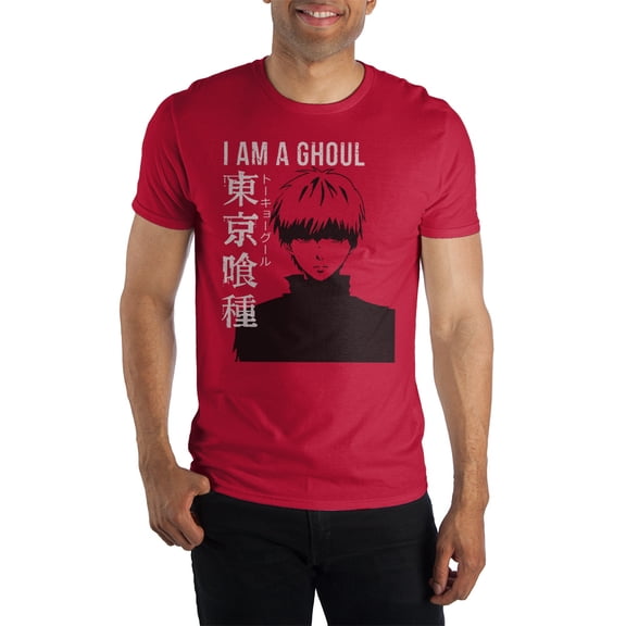I Am A Ghoul Male Fitted Tee, Dark Anime Mood Style Ken Kaneki with Patch, Storyline-Medium