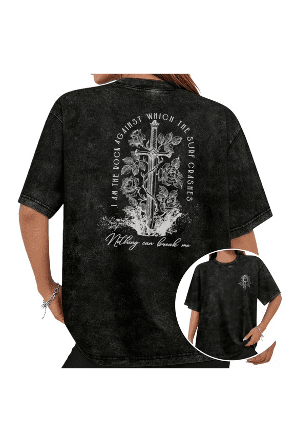 I Am Against Which The Rock Crushes Nothing Can Break Me Rose Sword Graphic Tees T-Shirt Tops Black S-2XL Plus Size