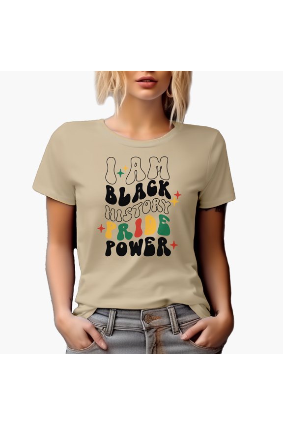 I Am Black History Pride Power, Groovy Wavy Text Art Merch Gift, Tan T-Shirt, Small