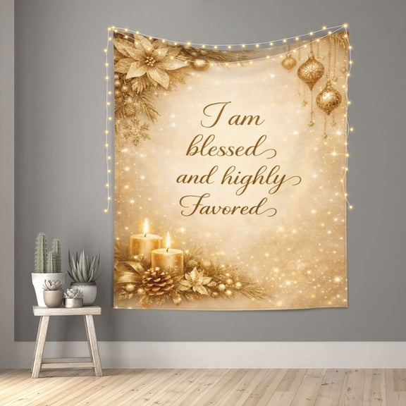 I Am Blessed And Highly Favored Gold Glitter Tapestry Indian Wall Hanging Tapestries Room Decor for Bedroom Living Room Dorm 60X50inch