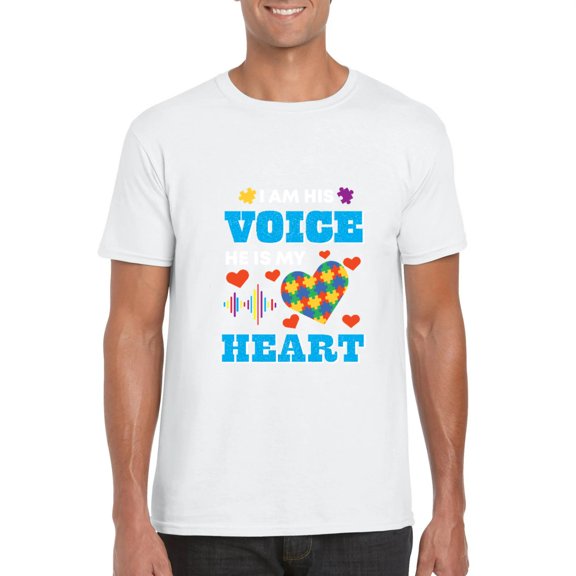 I Am His Voice He Is My Heart Autism Awareness Support T-Shirt, for men & women, up to size 5XL