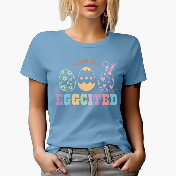 I Am So Eggcited, Easter Hunt Pun with Eggs Art Favor, Souvenir or Merch Gift, Baby Blue T-Shirt, 3XL