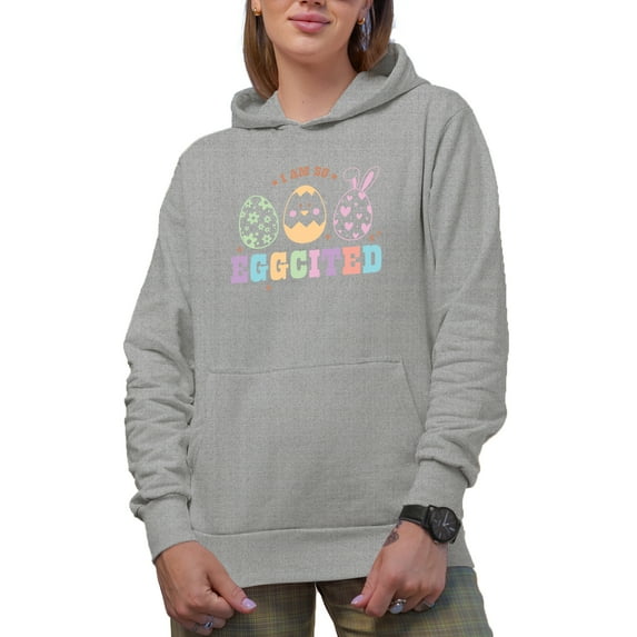 I Am So Eggcited, Easter Hunt Pun with Eggs Art Favor, Souvenir or Merch Gift, Heather Grey Hooded Sweatshirt or Hoodie, Medium