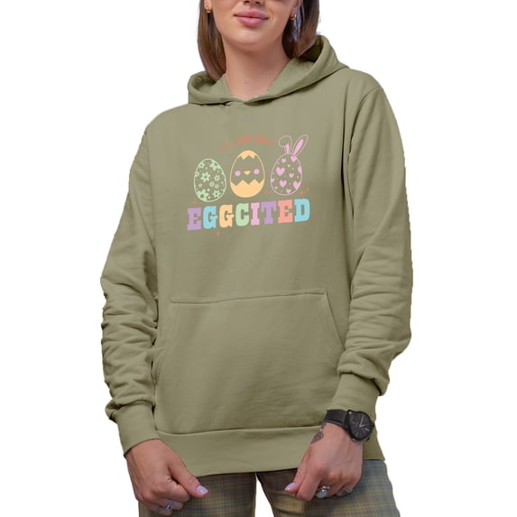 I Am So Eggcited, Easter Hunt Pun with Eggs Art Favor, Souvenir or Merch Gift, Sand Hooded Sweatshirt or Hoodie, XL