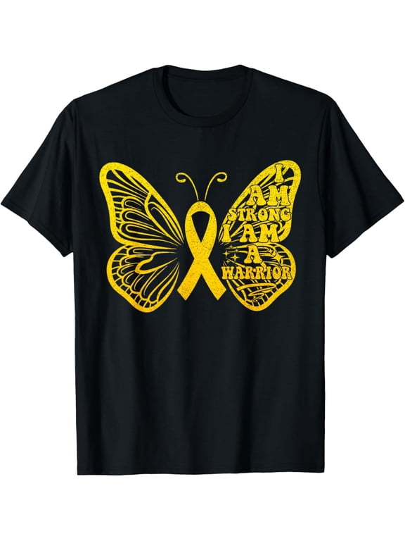 I Am Strong I Am a Warrior Childhood Cancer Awareness T-ShirtMen and women can wear, black T-shirts, gifts. Age: M,L,XL 2XL, 3XL, 618XL
