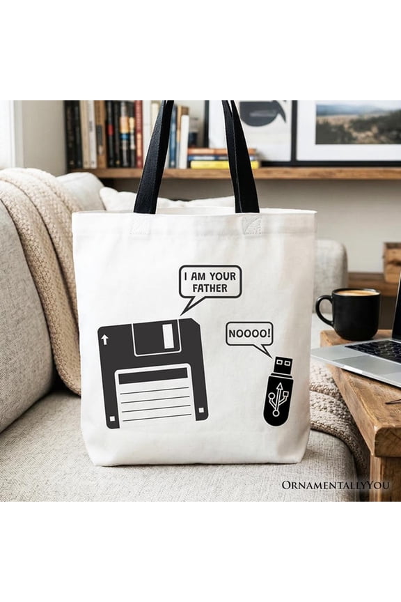 I Am Your Father Floppy Disk Tote Bag, Funny USB Retro Dad Computer Nerd Gift Shopper
