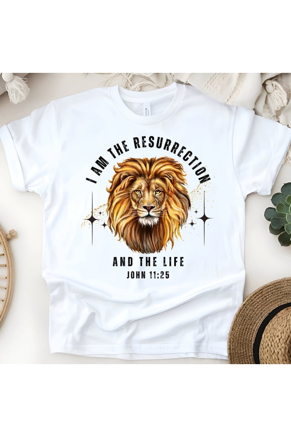 I Am the Resurrection and the Life T-Shirt – Lion of Judah Scripture Shirt, White, Size M