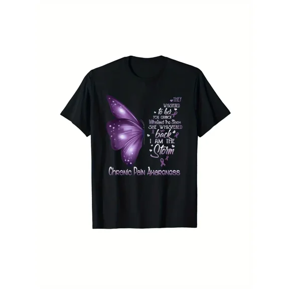 I Am the Storm" Chronic Pain Awareness Butterfly T-Shirt - Casual Cotton Crew Neck, Short Sleeve, All-Season Wear for Adults