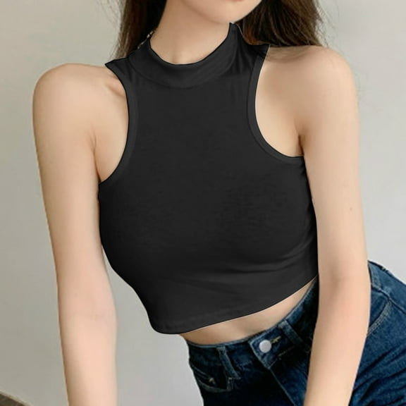 I Back Half High Neck Hanging Neck Black Sleeveless Crew Neck Vest Waist Navel Tight Short Top Female Compression Shirt Womens Womens Top plus Size Top Women 5x Tops for Women Animal Printed Silk Tops