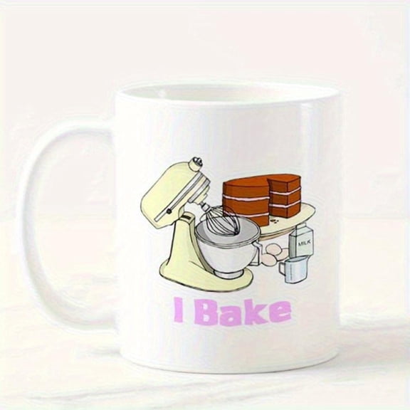 I Bake 71738 11oz Ceramic Coffee Mug White Purple Baking Themed Design with Stand Mixer Cake Layers I Bake Text Durable Ceramic Cup Coffee Tea Hot Beverages Unique Bakers Baking En