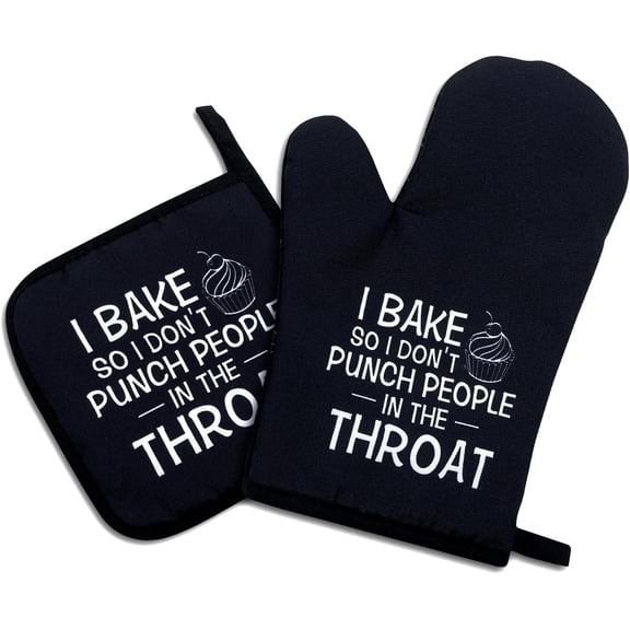 I Bake So I Don't Punch People in The Throat,Funny Oven Mitts and Pot Holders Sets of 2, Non-Slip Oven Mitts,Kitchen for Women,Bake Lover ,Housewarming Gifts