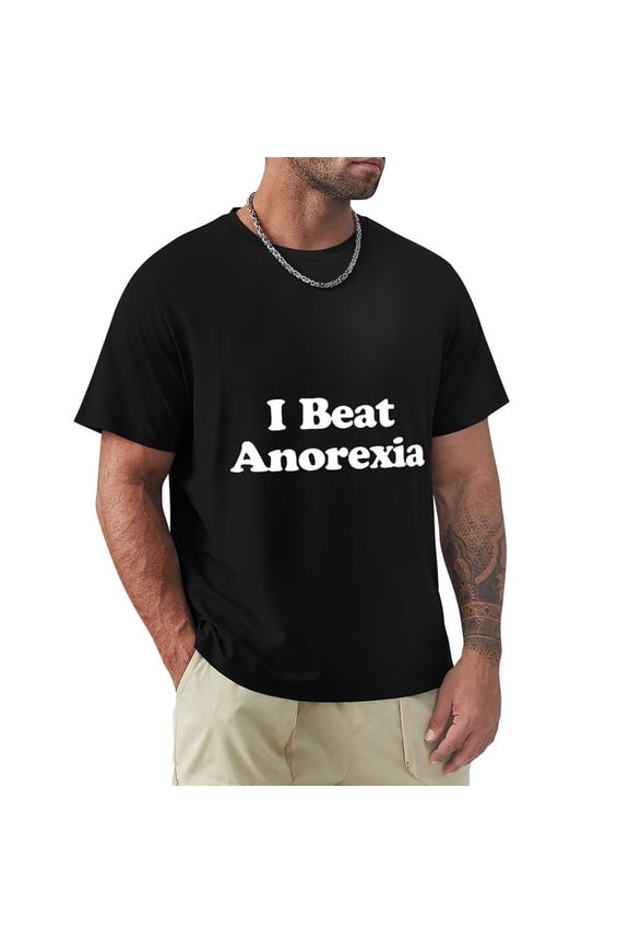 I Beat Anorexia Slick Men's Cotton Short Sleeve HD Print Tee for Casual T-Shirt Crew Neck Top Black L