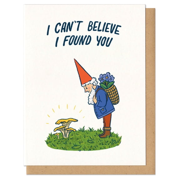 I Can't Believe I Found You Greeting Card  Whimsical Gnome Design with Wildflowers  Blank Inside, Kraft Envelope Included  Perfect for Friendships, Anniversaries, and Encouragement
