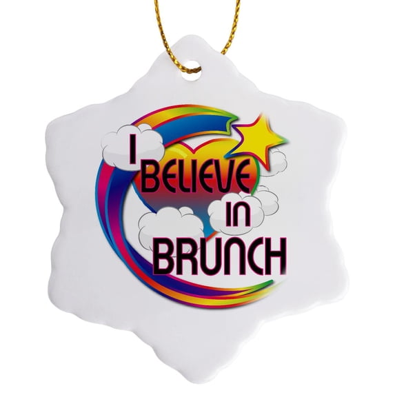 3drose, I Believe in Brunch Cute Believer Design, 3 inch Snowflake Porcelain Ornament