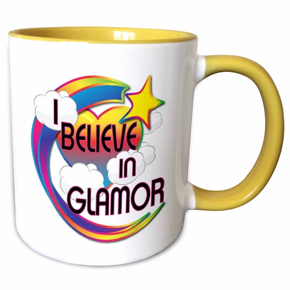 3drose, I Believe in Glamor Cute Believer Design, 15oz Two-tone Yellow Mug