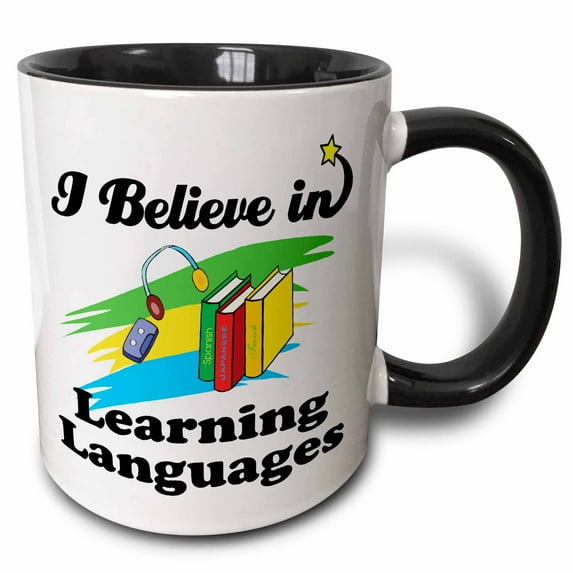 3drose, I Believe in Learning Languages, 15oz Two-tone Black Mug