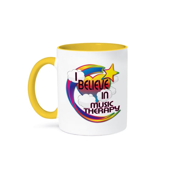 3dRose, I Believe In Music Therapy Cute Believer Design, 11oz Two-Tone Yellow Mug