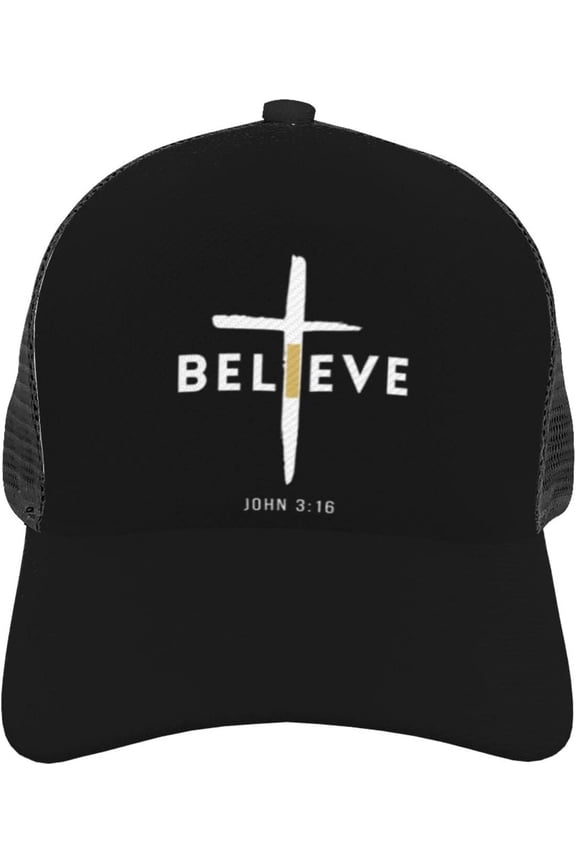 I Believe John 3:16, Christian, Cross Gifts for Women Men Gifts Men's Baseball Cap Snapback Trucker Hat Dad Hat Mesh Black