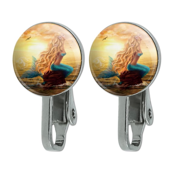 I Believe in Mermaids Tropical Beach Ocean Novelty Clip-On Stud Earrings