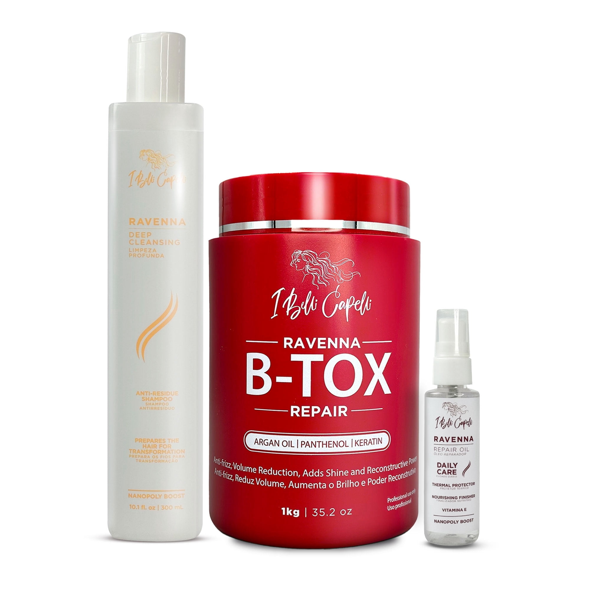 I Belli Capelli Ravenna B-tox Hair Smoothing Treatment with Deep Cleansing Shampoo and Repair Oil  Complete Straightening System for All Hair Types