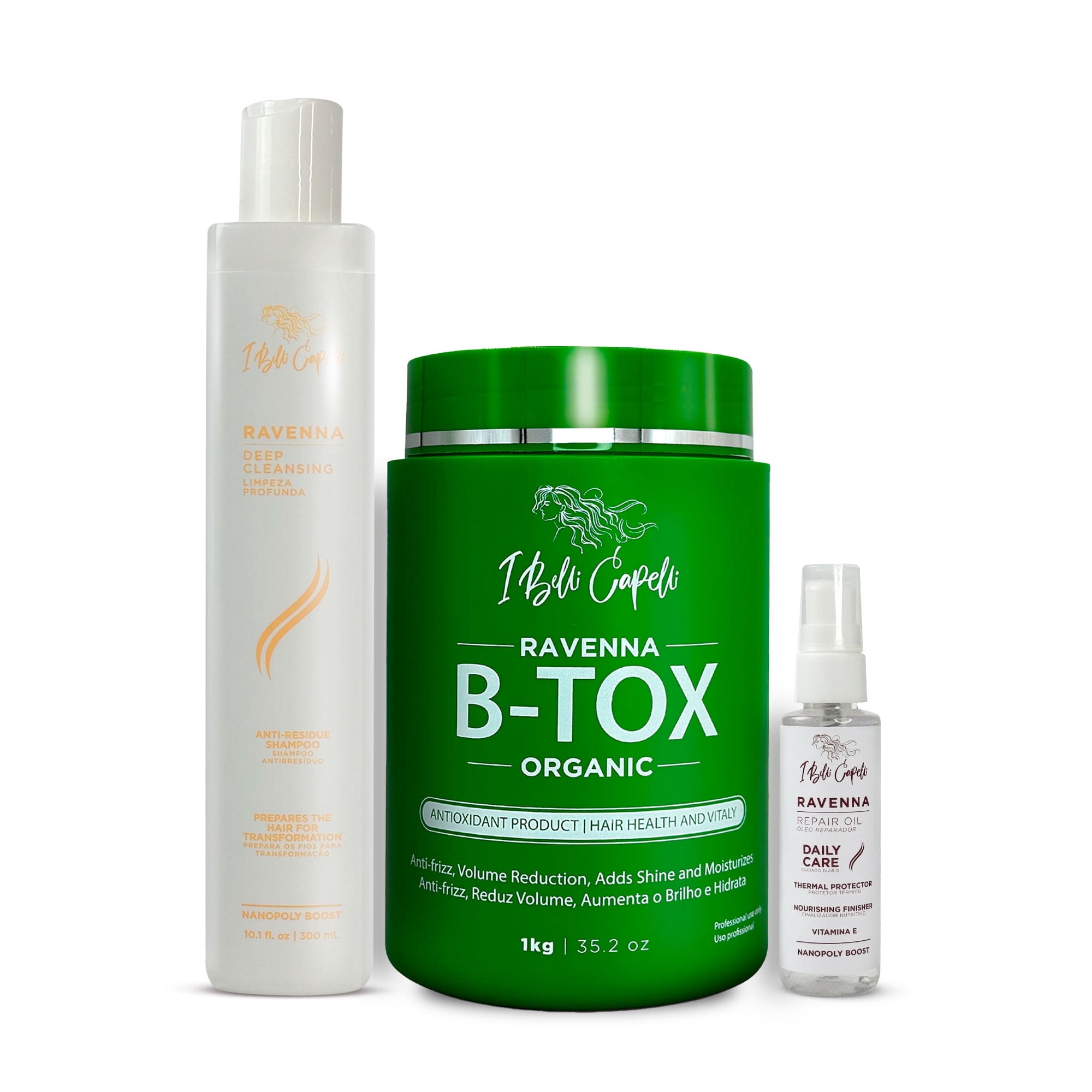 I Belli Capelli Ravenna B-tox Organic Smoothing Mask, Repair Oil, and Deep Cleansing Anti-Residue Shampoo – Complete Hair Straightening System for All Hair Types