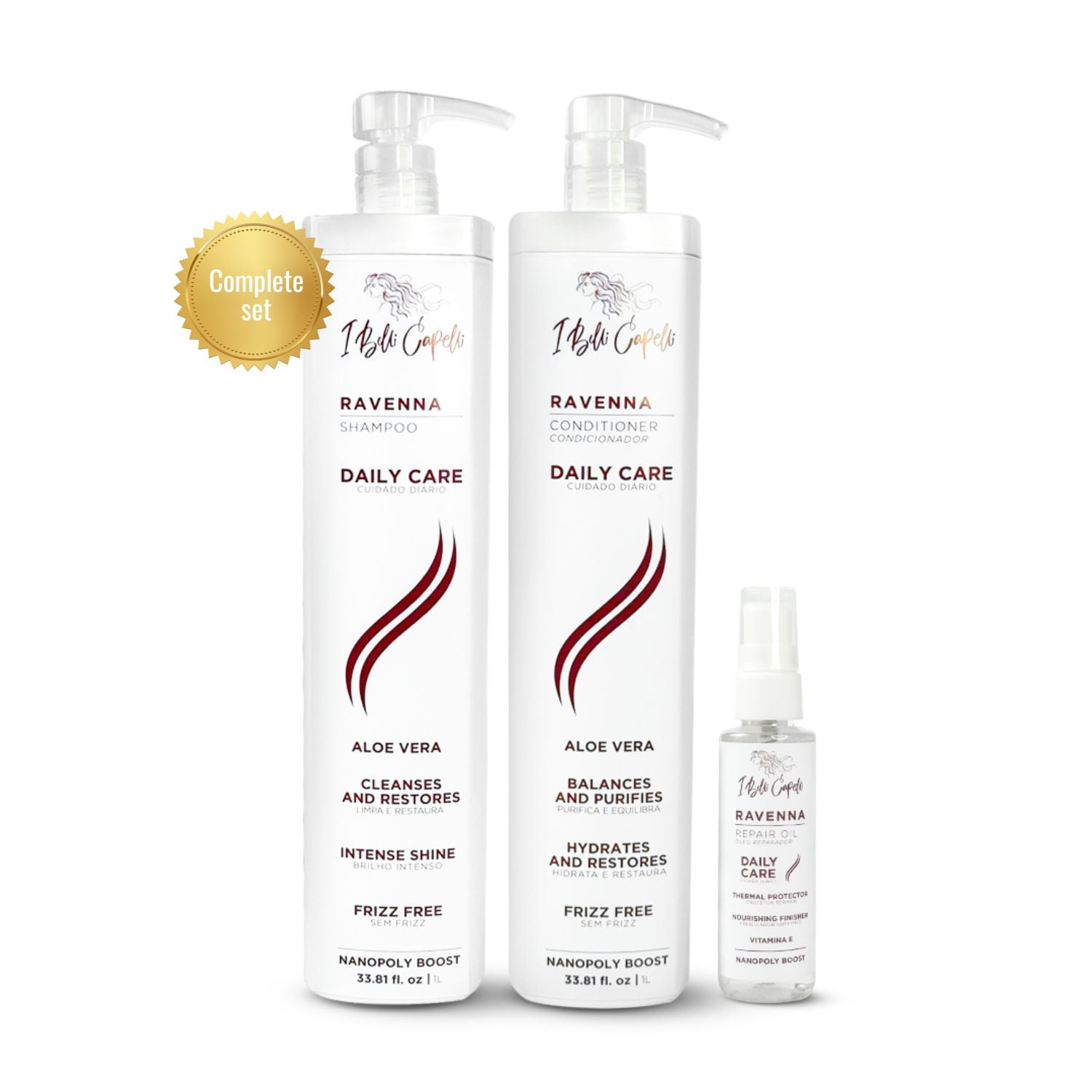 I Belli Capelli Ravenna Daily Care Kit - Aloe Vera Shampoo & Conditioner + Repair Oil – Sulfate & Paraben-Free, Deep Moisture, Breakage Reduction & Repairs Split Endsfor Dry, Damaged & All Hair Types