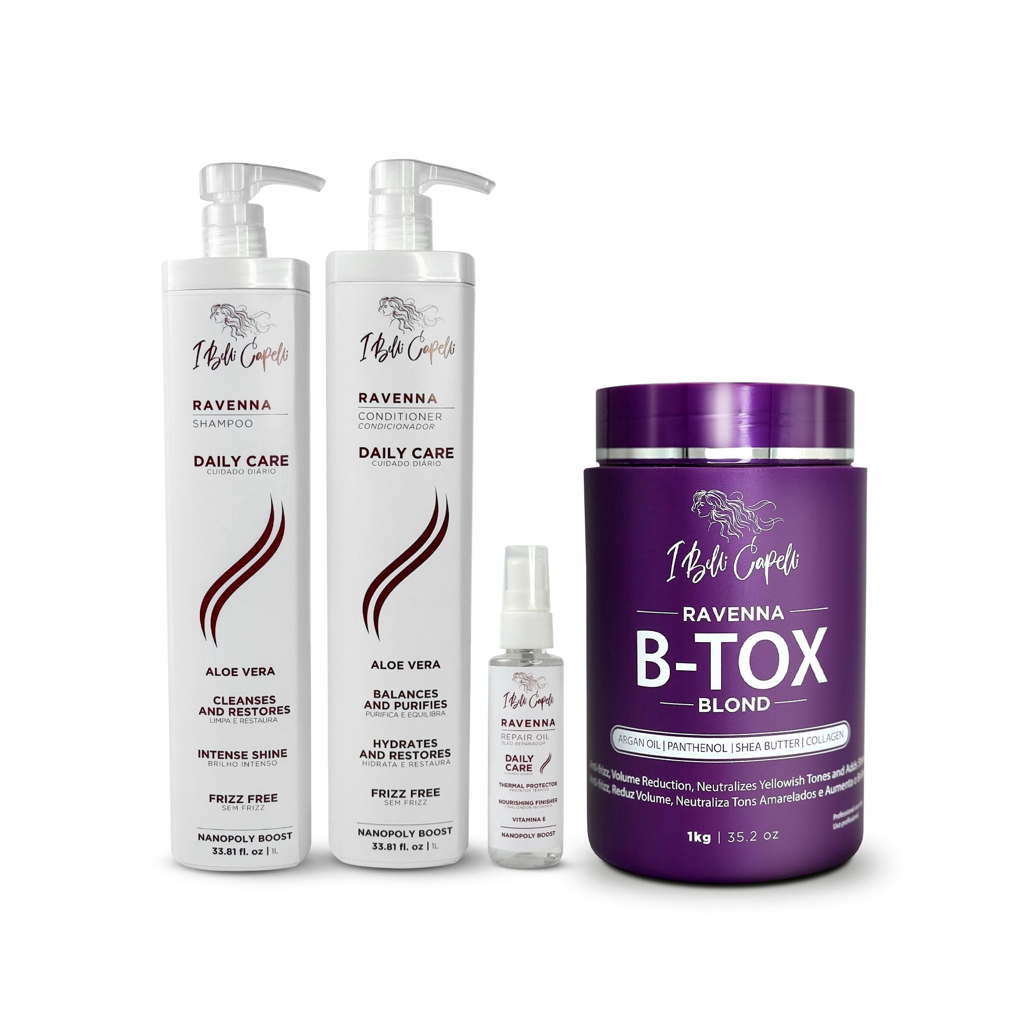I Belli Capelli Ravenna Hair Straightening Kit  Blonde Hair B-tox, Aloe Vera Shampoo & Conditioner, Repair Oil  Anti-Frizz, Intense Hydration, Shine  Formaldehyde-Free  For Blonde Hair (4-Pack)
