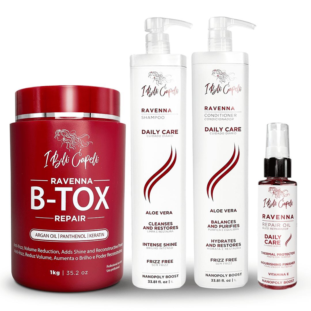 I Belli Capelli Ravenna Hair Straightening Kit  Repair Hair B-tox, Aloe Vera Shampoo & Conditioner, Repair Oil  Anti-Frizz, Intense Hydration, Shine  Formaldehyde-Free  For All Hair Types